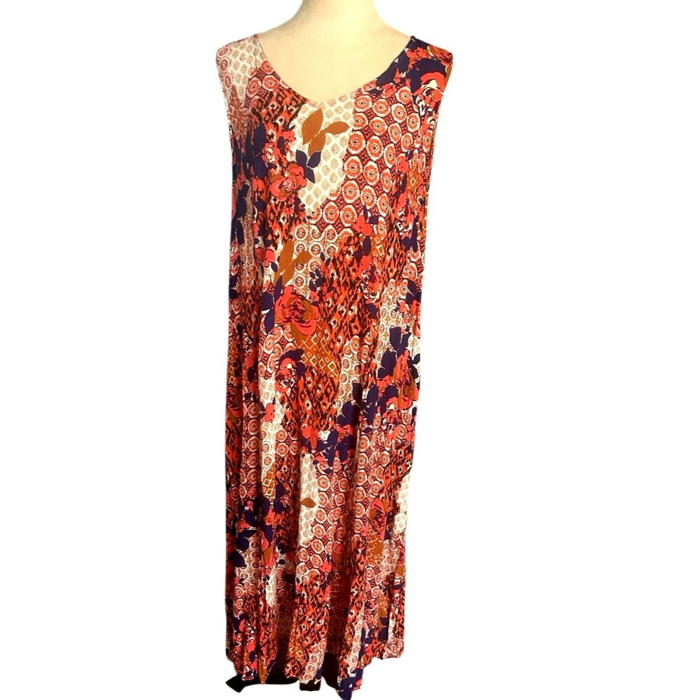 Woman Within Plus 18/20 Floral Boho Gauzy Rayon Maxi Sleeveless V Neck Sundress